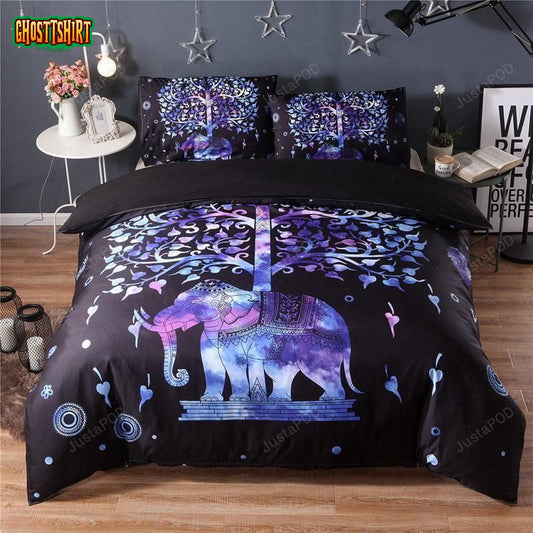 Boho Purple Night Tree Duvet Cover Set Cute Elephant Bedding Set