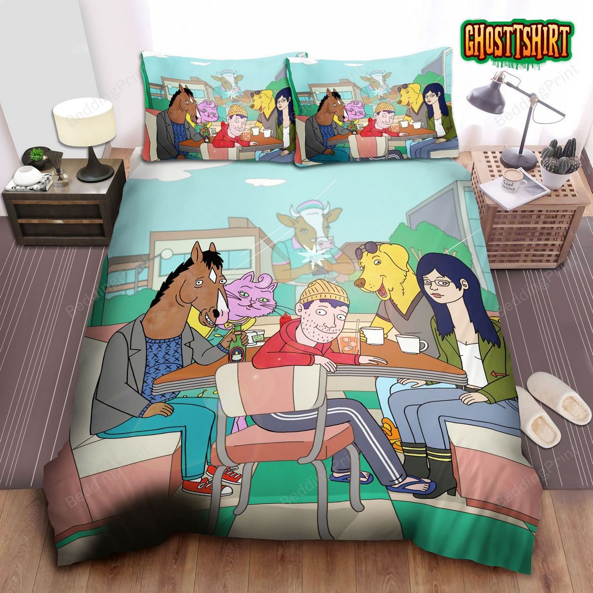 Bojack Horseman Main Characters In Phuzzy's Bed Sheets Duvet Cover Bedding Set