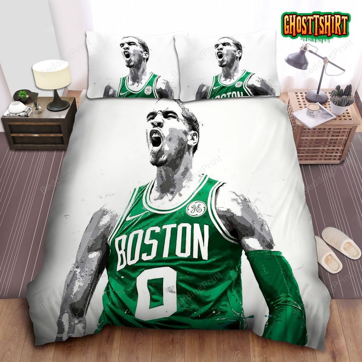 Boston Celtics Jayson Tatum Celebrating Painting Bed Sheet Duvet Cover Bedding Set