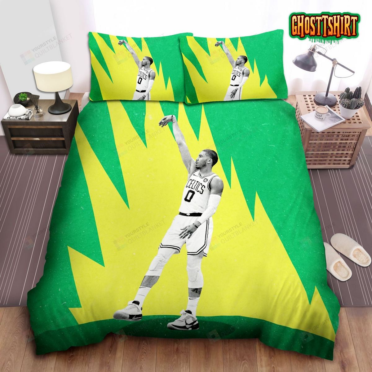Boston Celtics Jayson Tatum Shooting Form On Green Theme Bed Sheet Duvet Cover Bedding Set