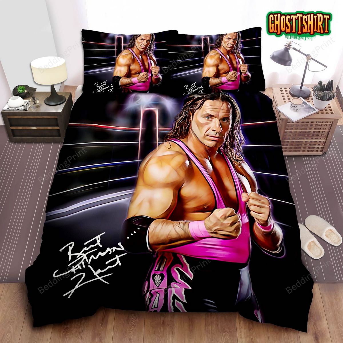 Bret The Hitman Hart On Wrestling Ring Bed Sheet Duvet Cover Bedding Set