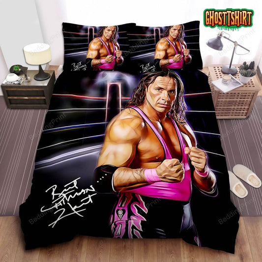 Bret The Hitman Hart On Wrestling Ring Bed Sheet Duvet Cover Bedding Set
