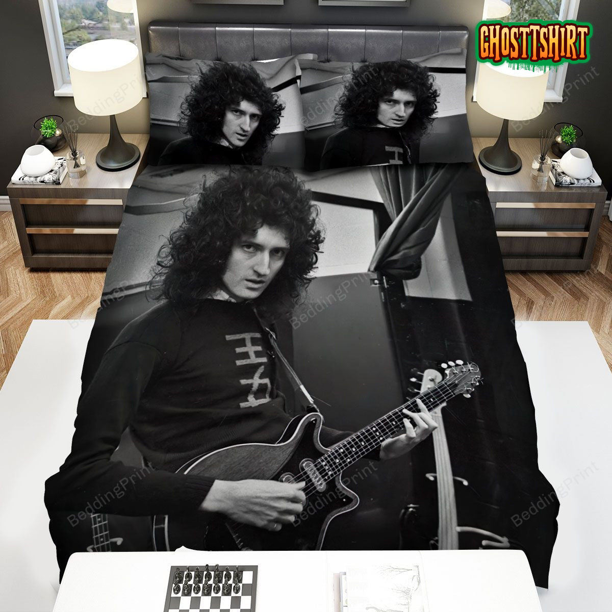 Brian May Musician Singer Black And White Picture Bed Sheets Duvet Cover Bedding Set
