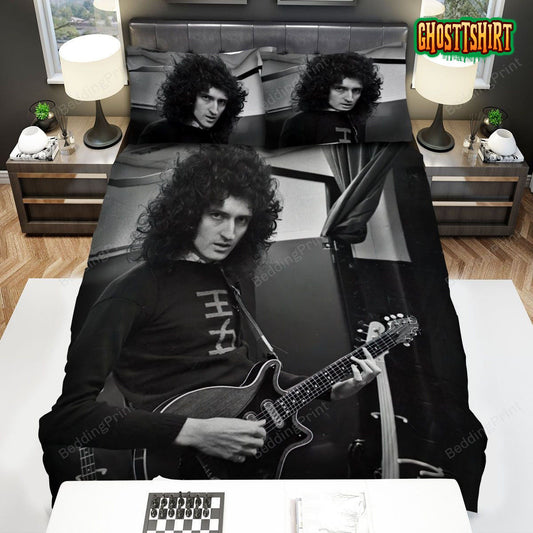 Brian May Musician Singer Black And White Picture Bed Sheets Duvet Cover Bedding Set