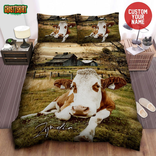 Brown Cow In Farm Custom Name Duvet Cover Bedding Set