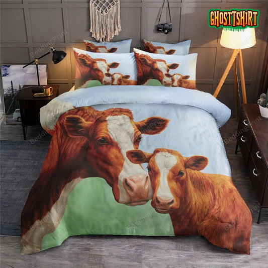 Brown Mom Cow And Her Baby Bed Sheets Duvet Cover Bedding Set