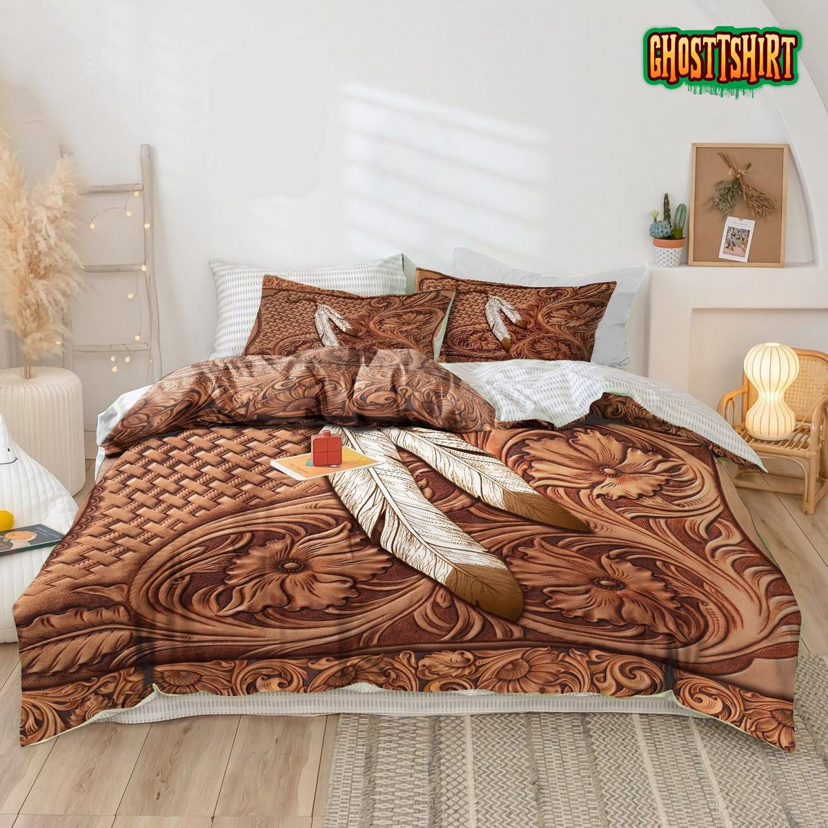 Brown Native Feathers Bed Sheets Duvet Cover Bedding Set