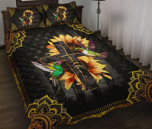 Hummingbird – 3-pc Quilt Bedding Set Cross Sunflower 06