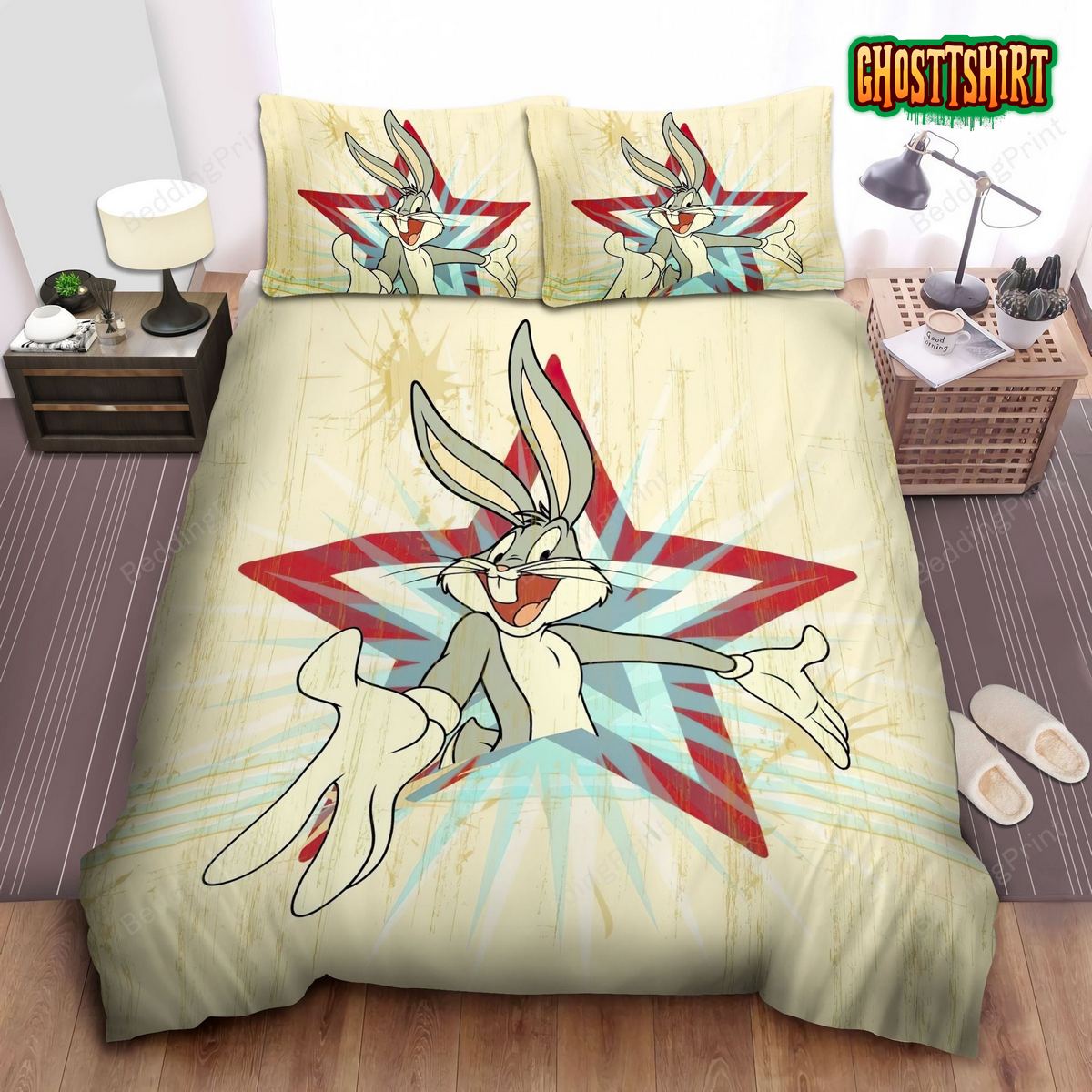 Bugs Bunny Breaking Vintage Star Background Squad Bed Sheets Duvet Cover Bedding Set