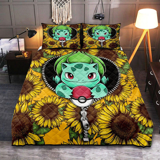 Personalized Bulbasaur Zipper 3-pc Quilt Bedding Set with Sunflower Design – Bedding