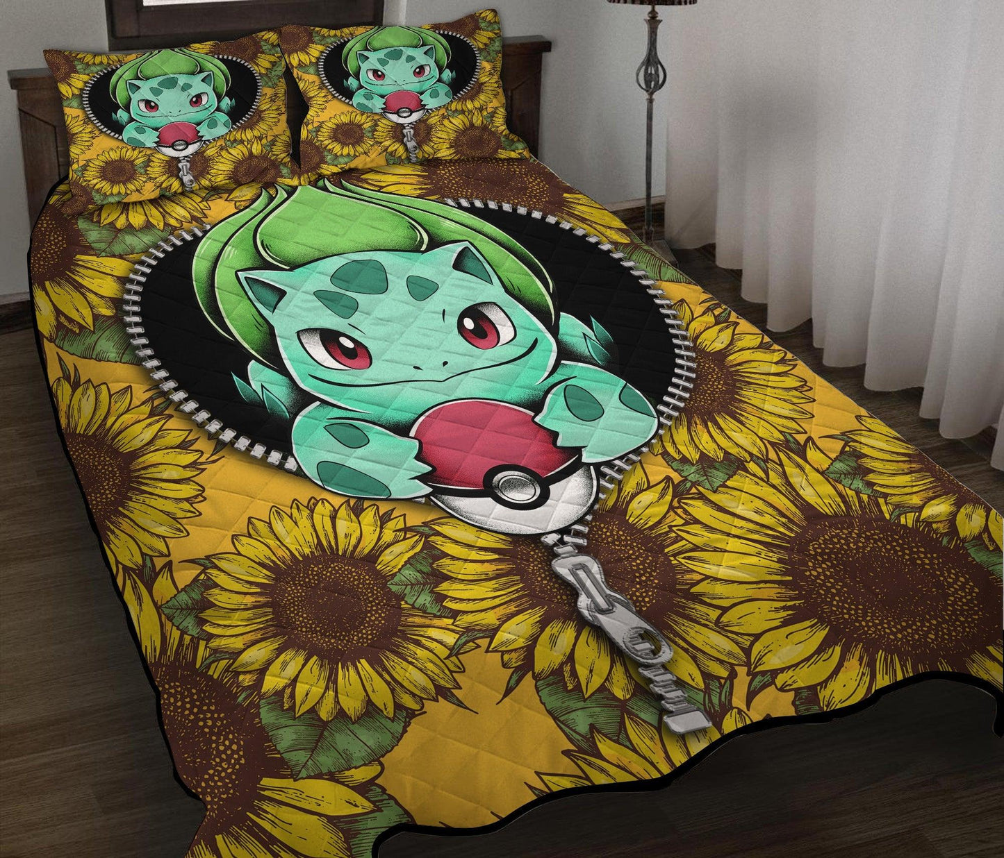 Personalized Bulbasaur Zipper 3-pc Quilt Bedding Set with Sunflower Design – Bedding