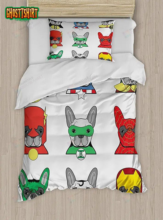 Bulldog Superheroes Fun Cartoon Bed Sheets Spread Comforter Duvet Cover Bedding Set