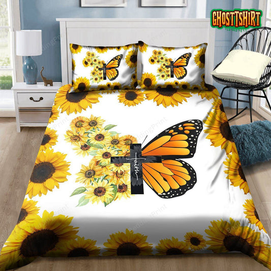 Butterfly And Sunflower Faith Bed Sheets Duvet Cover Bedding Set
