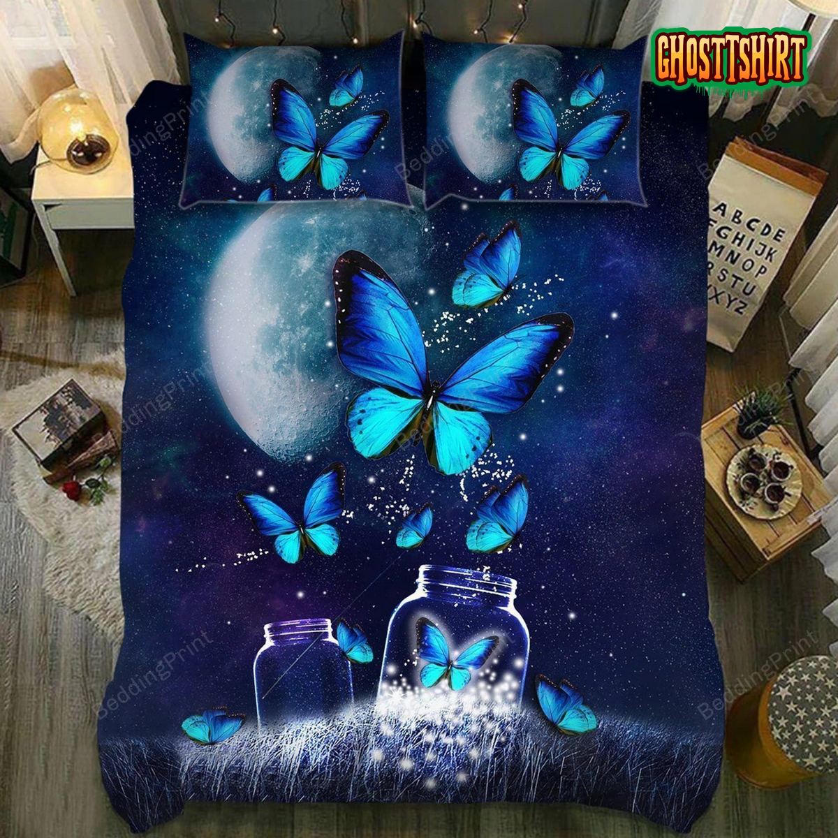 Butterfly Blue Jar Bed Sheets Duvet Cover Bedding Set