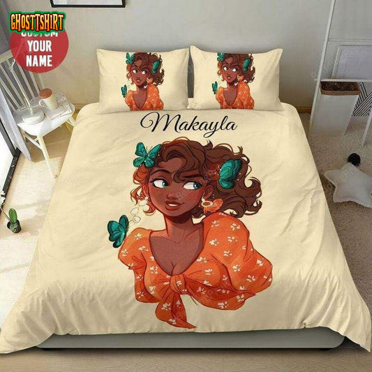 Butterfly Cute Black Girl Custom Name Duvet Cover Bedding Set