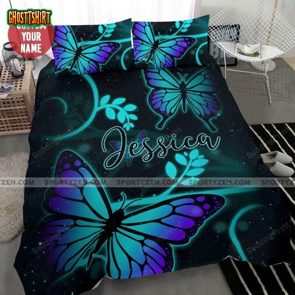 Butterfly Green Light Custom Name Duvet Cover Bedding Set