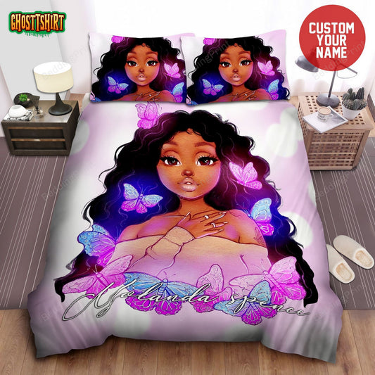 Butterfly Pink Black Girl Personalized Custom Name Duvet Cover Bedding Set