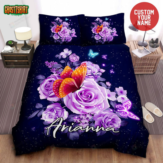 Butterfly Purple Flower Custom Name Duvet Cover Bedding Set
