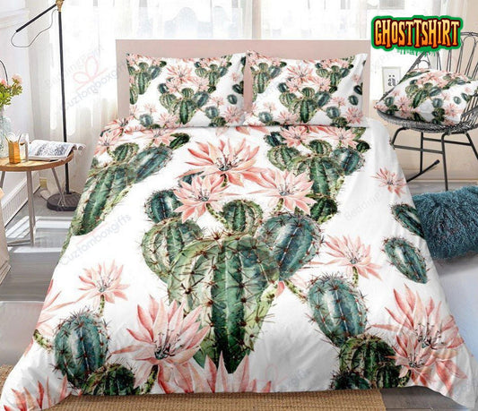 Cactus Flowers All Over Printed In White Bed Sheets Duvet Cover Bedding Set