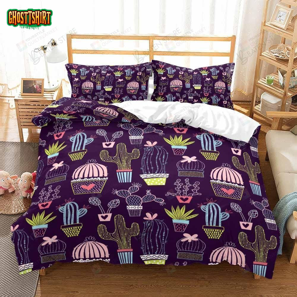Cactus Series Purple Bed Sheets Duvet Cover Bedding Set
