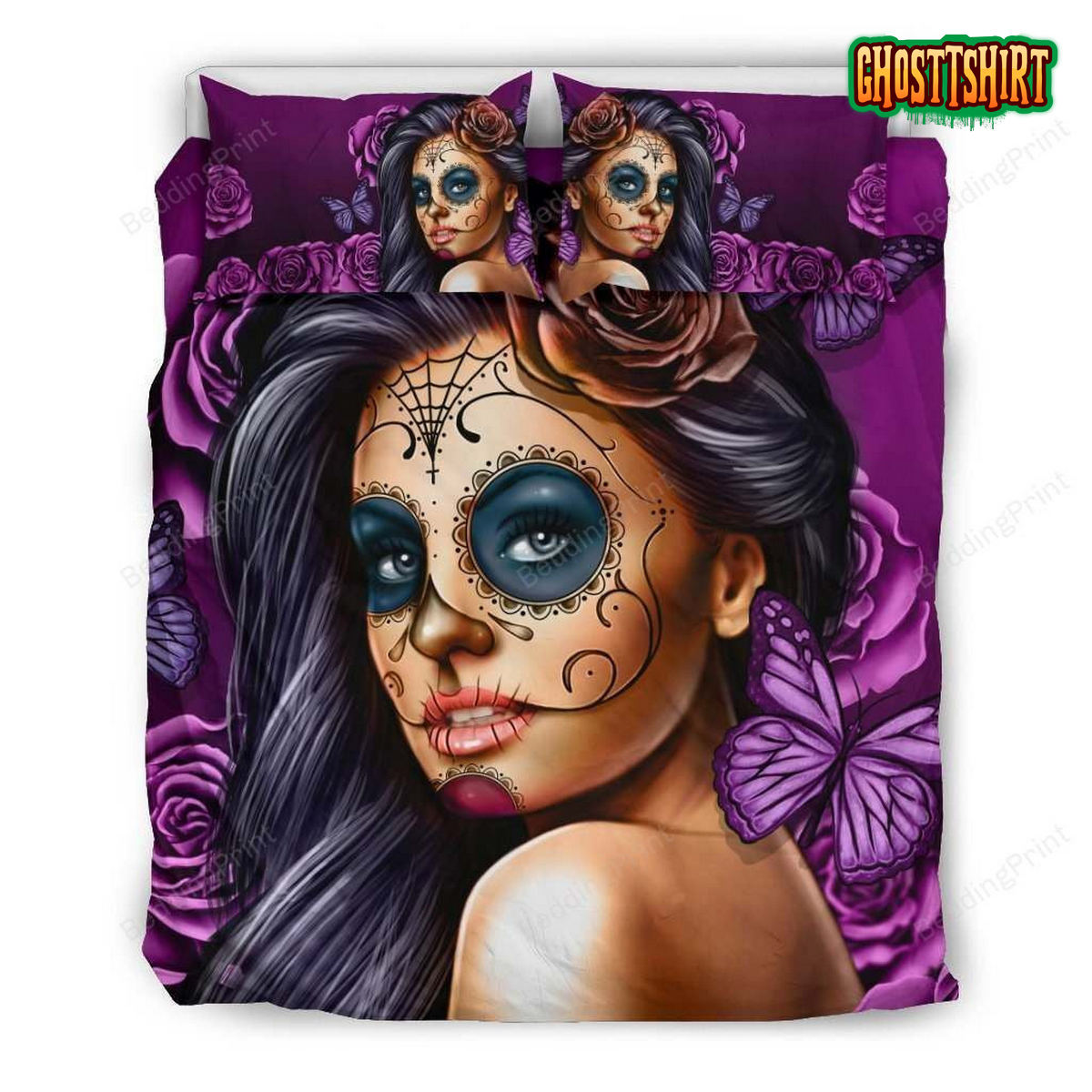 Calavera Violet on Black Bed Sheets Duvet Cover Bedding Set