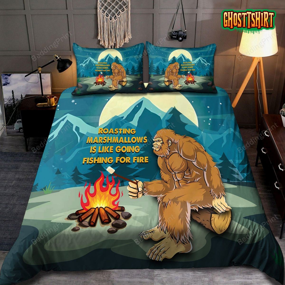 Camping Chill Roasting Marshmallow Bigfoot Bed Sheets Duvet Cover Bedding Set