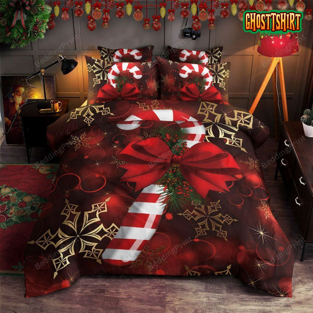 Candy Cane For Christmas Snowflakes Bed Sheets Duvet Cover Bedding Set