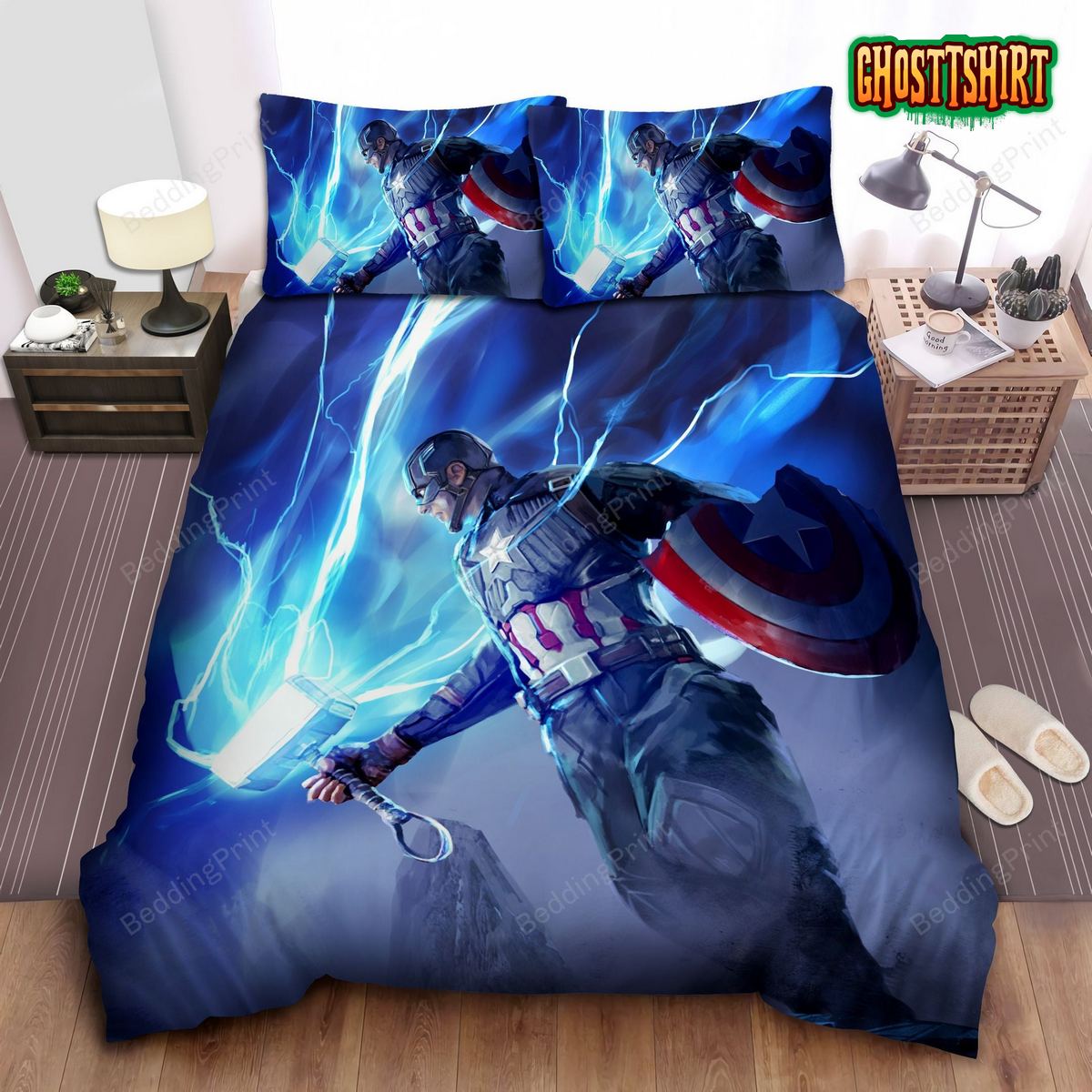 Captain America Lifting Thor's Hammer Bed Sheets Duvet Cover Bedding Set