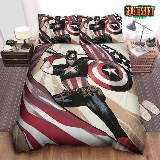 Captain America With American Flag Bed Sheets Duvet Cover Bedding Set