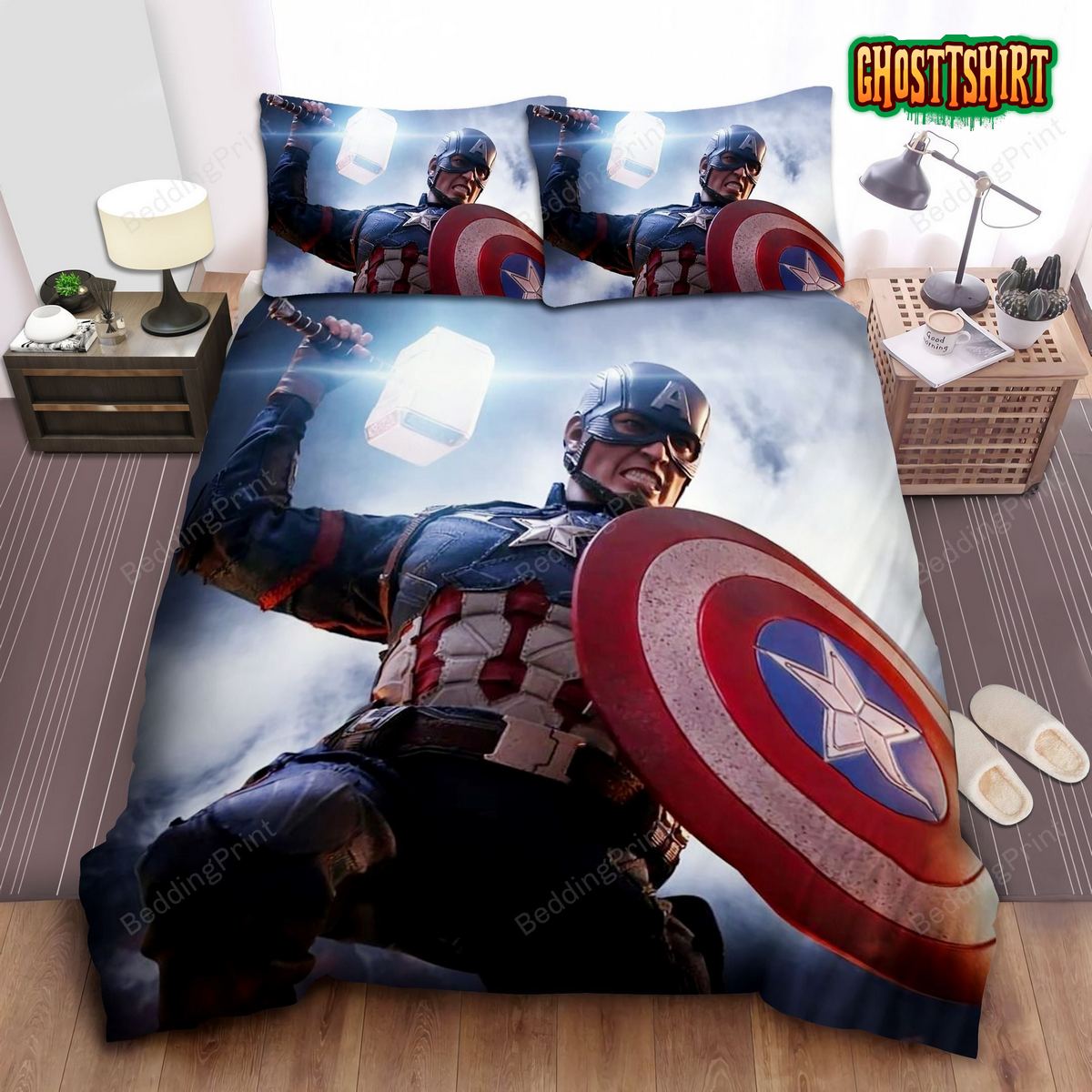 Captain America With Thor Hammer Bed Sheets Duvet Cover Bedding Set