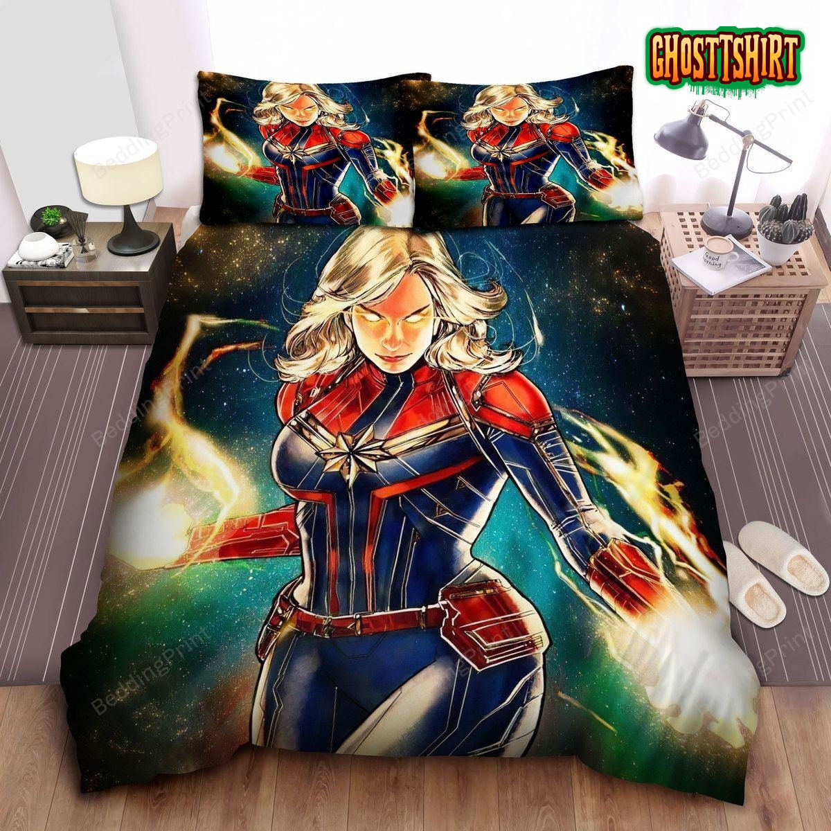Captain Marvel Glowing Eyes And Hands Artwork Bed Sheets Duvet Cover Bedding Set