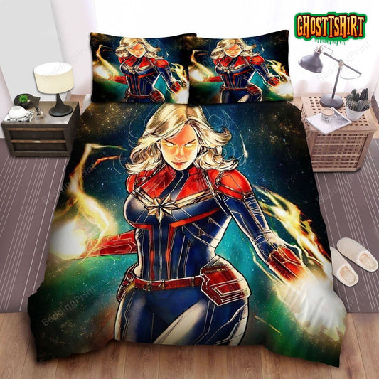 Captain Marvel Glowing Eyes And Hands Artwork Bed Sheets Duvet Cover Bedding Set