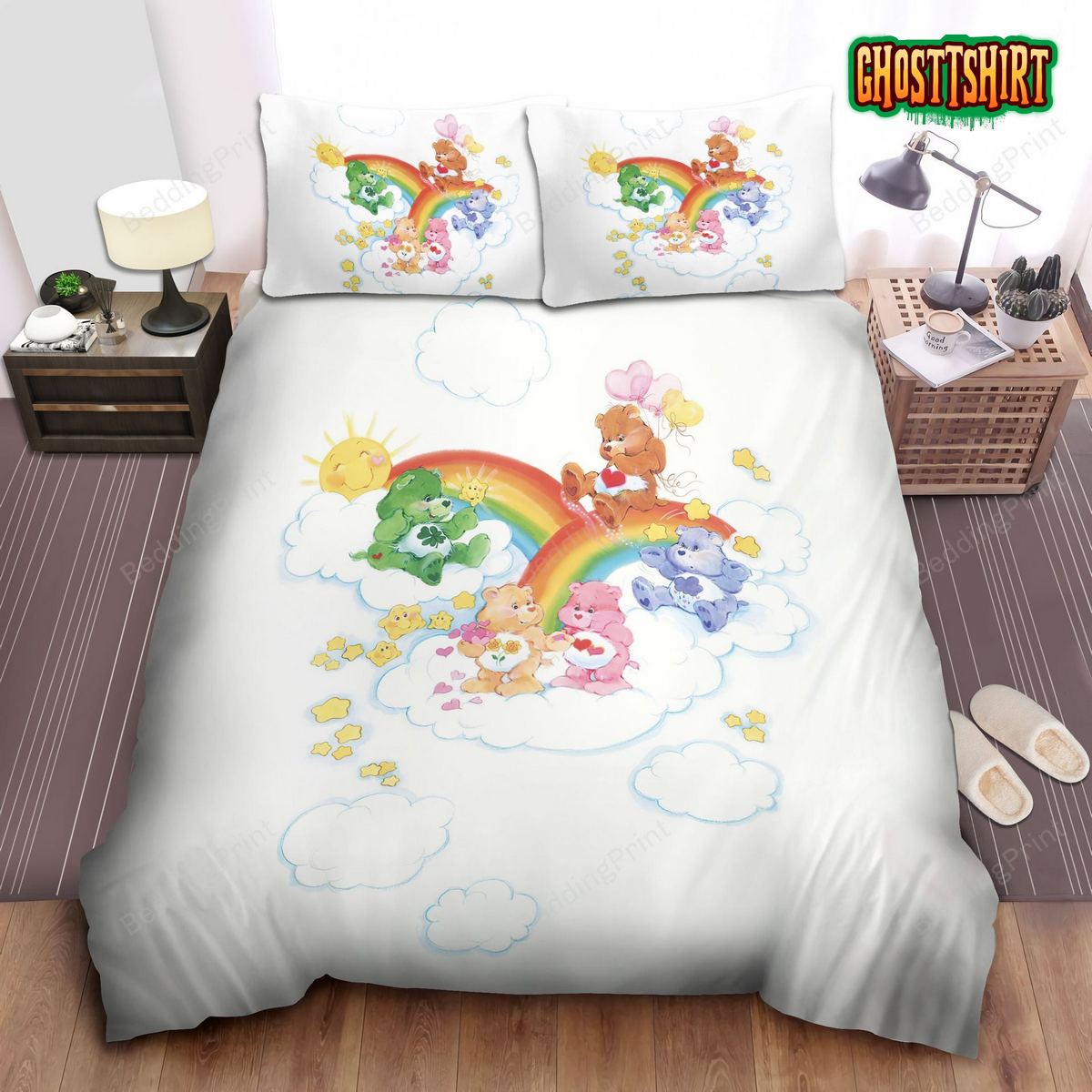 Care Bears Sitting On The Clouds With Stars And Rainbows Bed Sheets Duvet Cover Bedding Set
