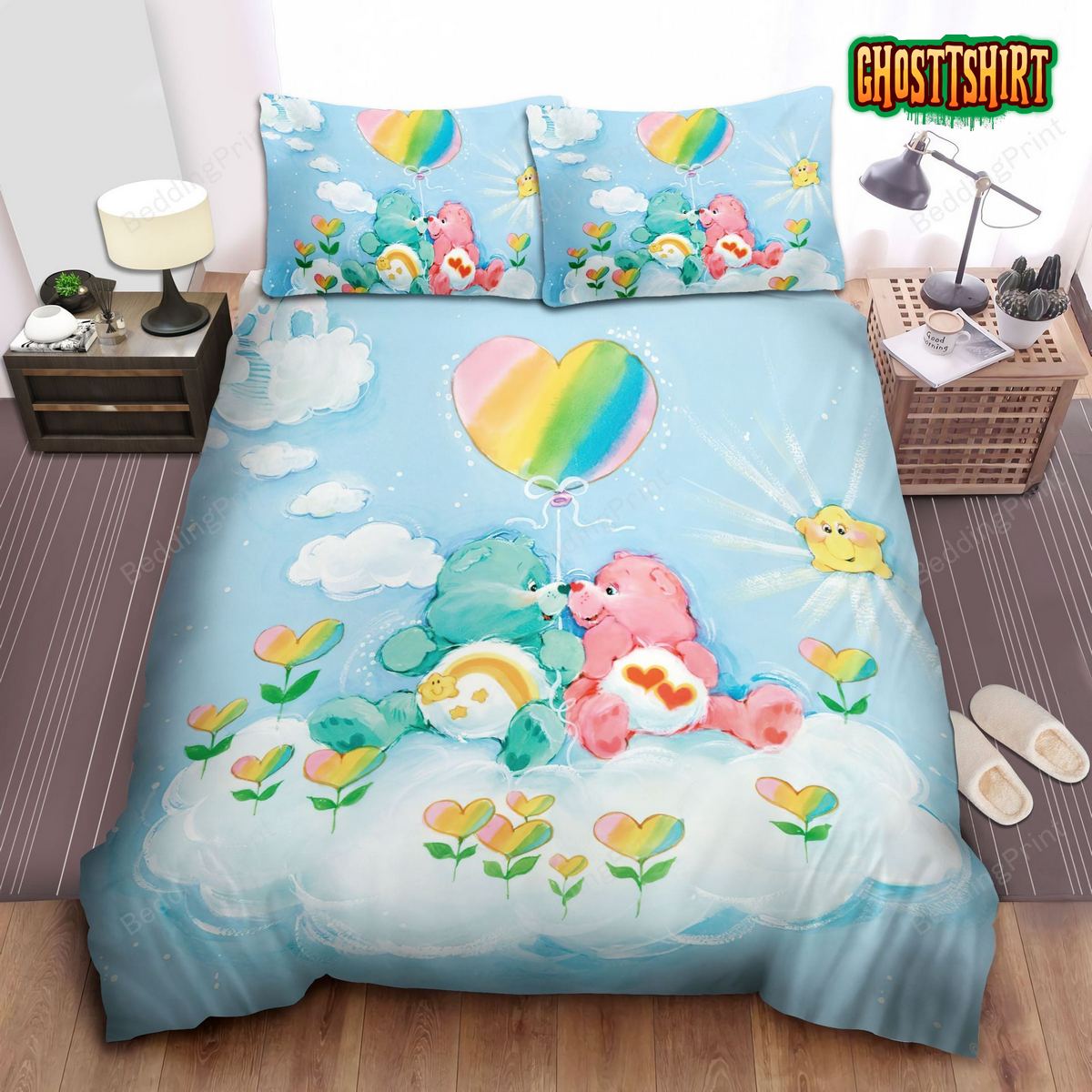 Care Bears With Rainbow Heart Balloon Bed Sheets Duvet Cover Bedding Set