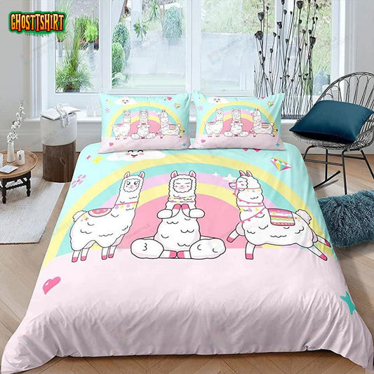 Cartoon Alpaca And Rainbow Bedding Set