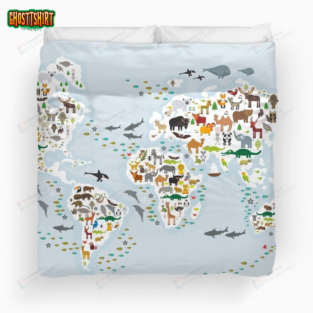 Cartoon Animal World Map Animals From All Over The World Duvet Cover Bedding Set