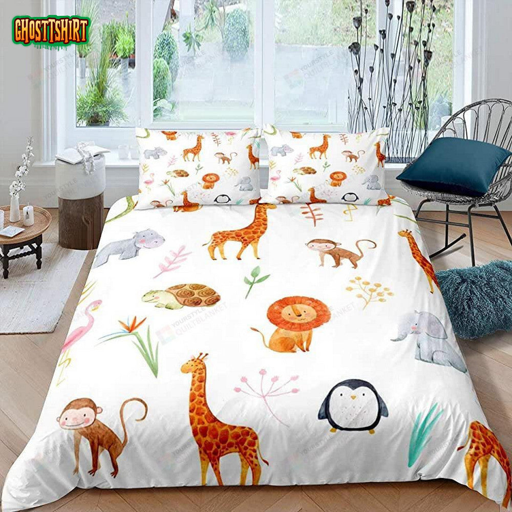 Cartoon Animals Elephant Lion Penguin Flamingo Bed Sheets Duvet Cover Bedding Set