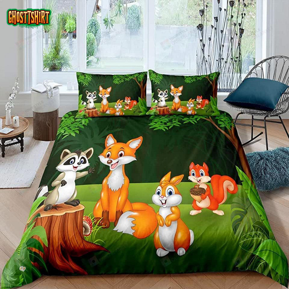 Cartoon Animals Fox Squirrel Raccoon Bed Sheets Duvet Cover Bedding Set