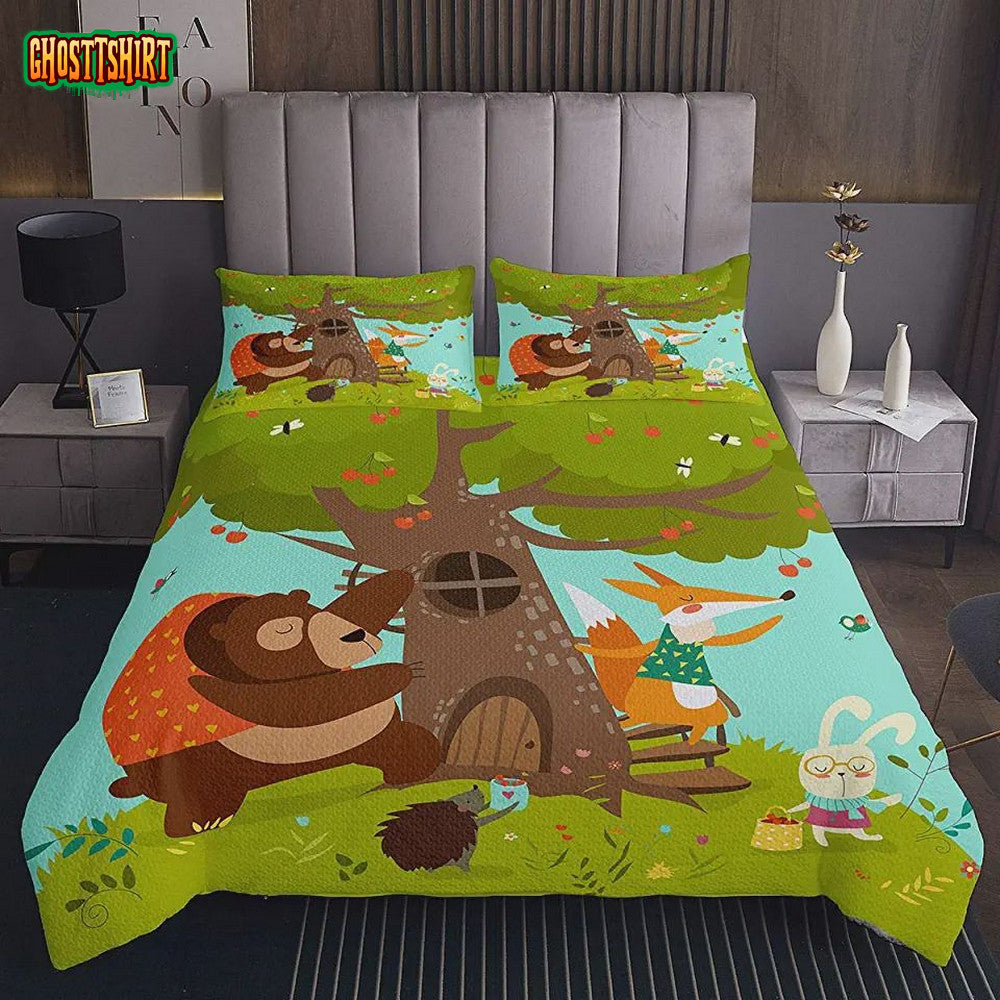 Cartoon Animals In Forest Pattern Bed Sheets Duvet Cover Bedding Set