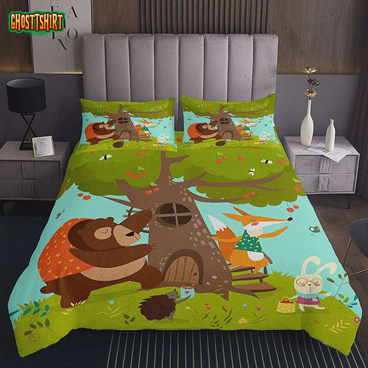 Cartoon Animals In Forest Pattern Bed Sheets Duvet Cover Bedding Set