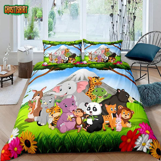 Cartoon Animals Pattern Bed Sheets Spread Comforter Duvet Cover Bedding Set