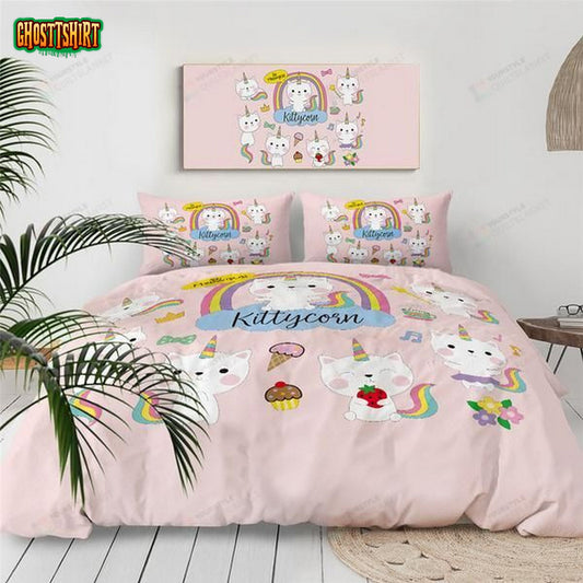 Cartoon Cat With Unicorn Horn Cotton Bed Sheets Spread Comforter Duvet Cover Bedding Set