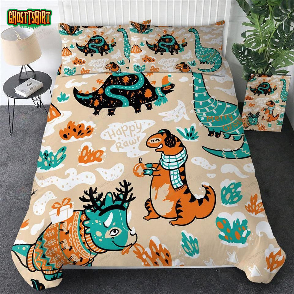 Cartoon Dinosaur Pattern Happy Rawr Bed Sheets Duvet Cover Bedding Set