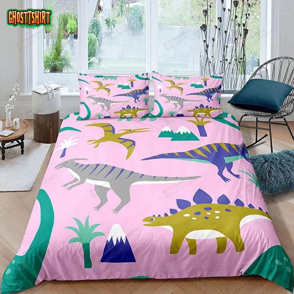 Cartoon Dinosaur Pattern Pink Bed Sheets Duvet Cover Bedding Set