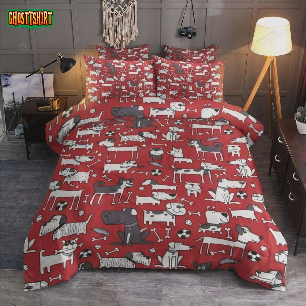 Cartoon Dog With Red Pattern Cotton Bed Sheets Spread Comforter Duvet Cover Bedding Set