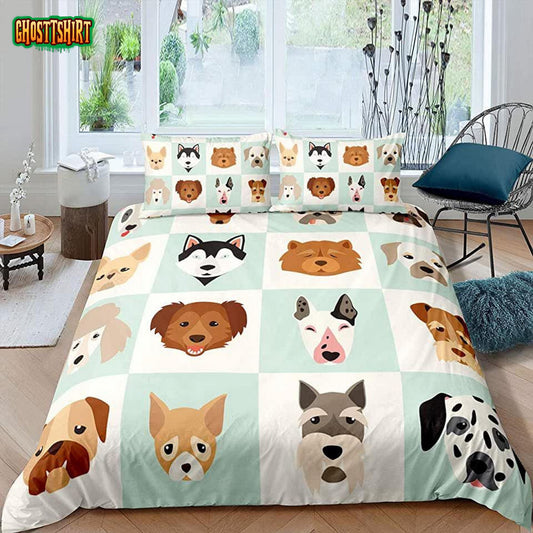 Cartoon Dogs Pattern Bed Sheets Spread Comforter Duvet Cover Bedding Set