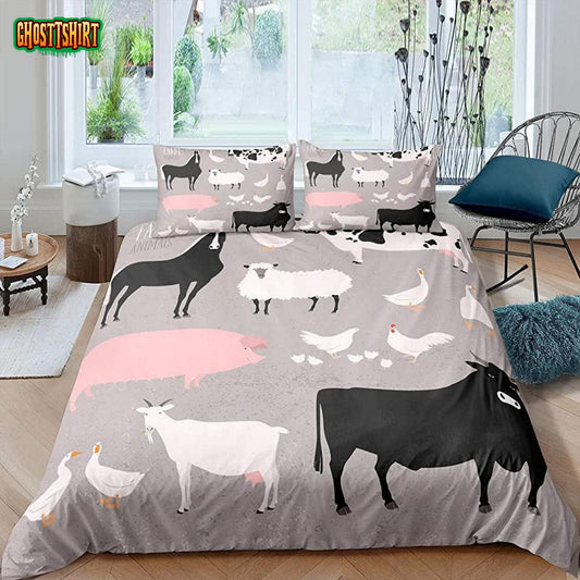 Cartoon Farm Animals Pattern Bed Sheets Spread Comforter Duvet Cover Bedding Set