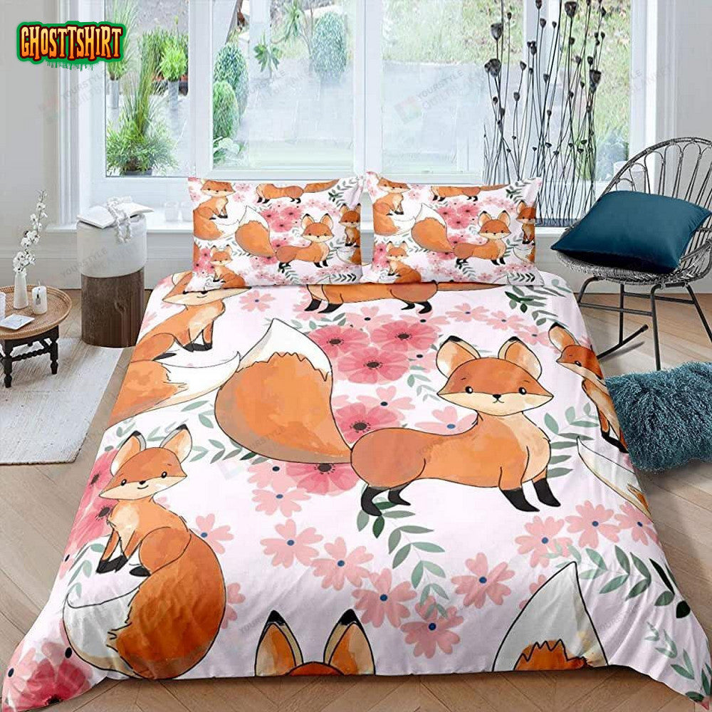 Cartoon Fox With Floral Bed Sheets Duvet Cover Bedding Set