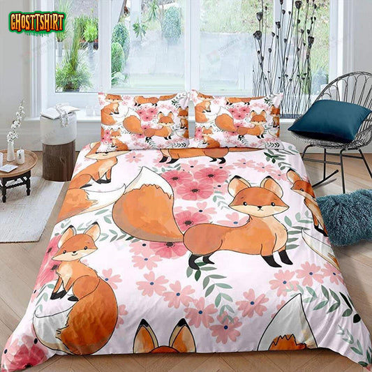 Cartoon Fox With Floral Bed Sheets Duvet Cover Bedding Set