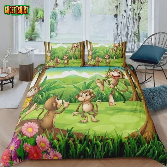 Cartoon Monkey In The Green Forest Cotton Bed Sheets Spread Comforter Duvet Cover Bedding Set